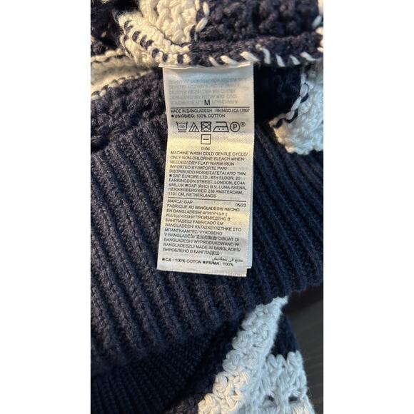 GAP Crochet Sweater Y2K Women Size M White/Navy Split-Hem Oversized Boho - Picture 8 of 8